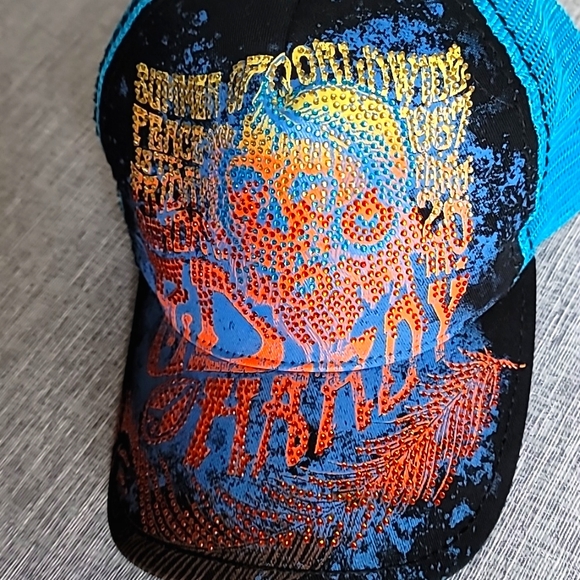 Vintage Y2K Ed Hardy Adjustable Bling Trucker Hat Blue Orange Mesh main image 6